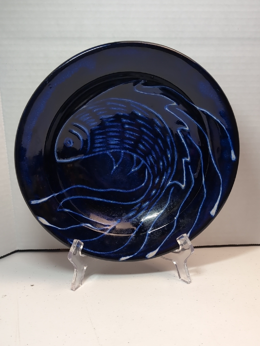 Decorative Pottery Bowl Hand Crafted Signed by Artist Fish Motif Navy Blue